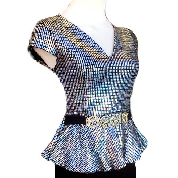 IPONA Peplum Sequined Bodice Short Dress V-Neck Beaded Party Cocktail S - Picture 3 of 10